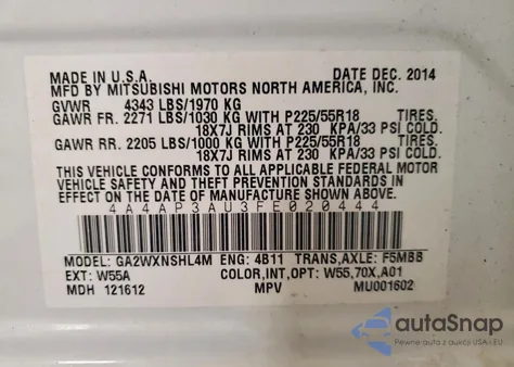 2015 Mitsubishi Outlander Sport Es from USA, damaged, VIN 4A4AP3AU3FE020444